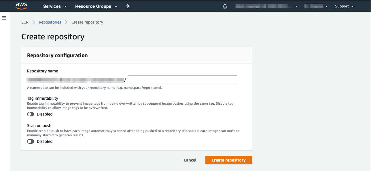 AWS New Repository Screen
